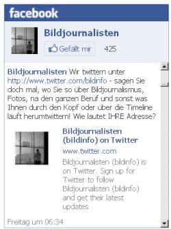 Hier sehen Sie eine so genannte Facebook-Box, die allerdings nicht aktiv ist, sondern nur als Bilddatei abgebildet wird, um Abmahnungen oder datenschutzrechtliche Bedenken zu zerstreuen. Wenn Sie drauf klicken, werden Sie zu Facebook weitergeleitet